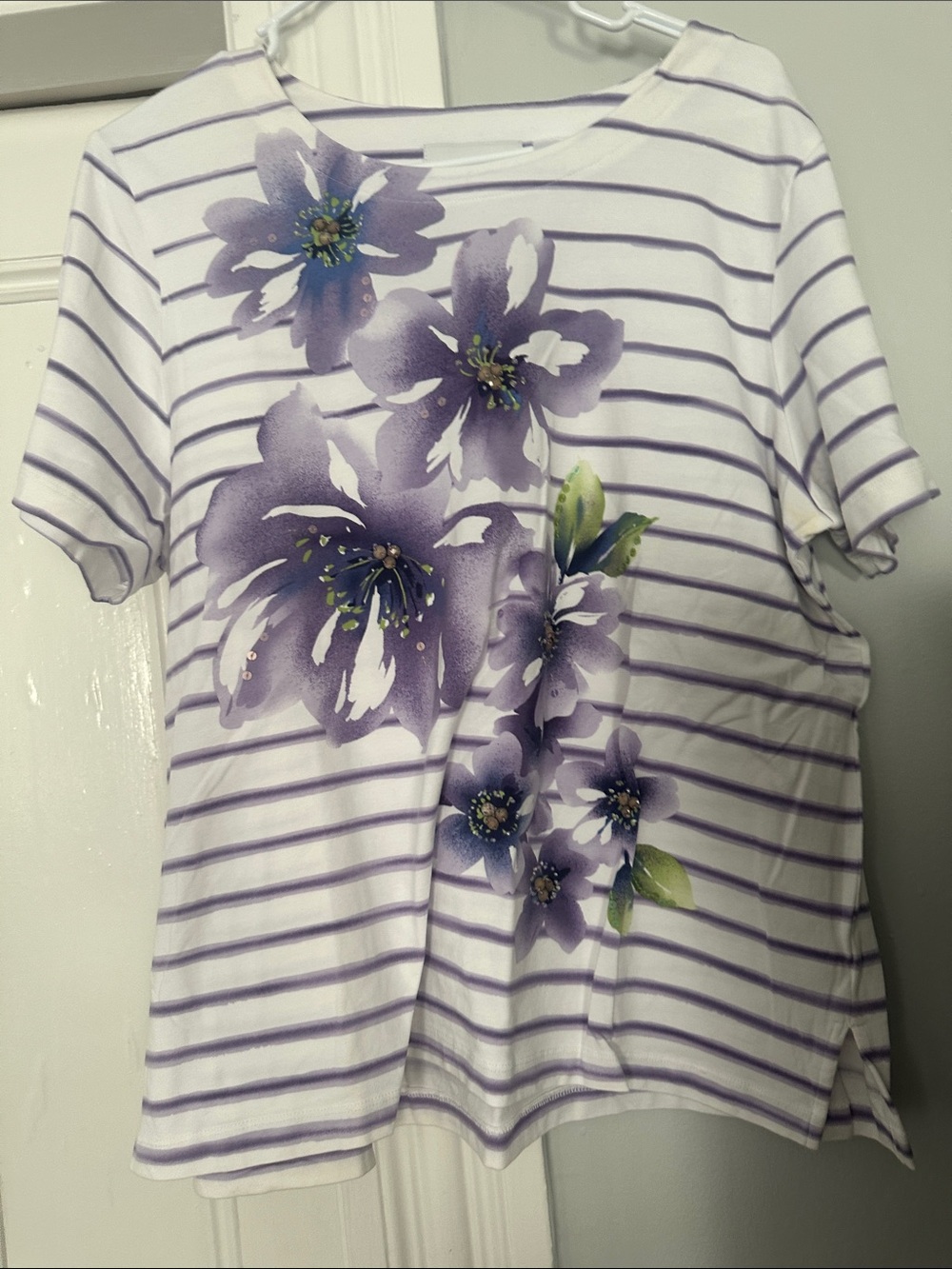 Alfred Dunner White Tee with Lavender Stripes & Floral Print